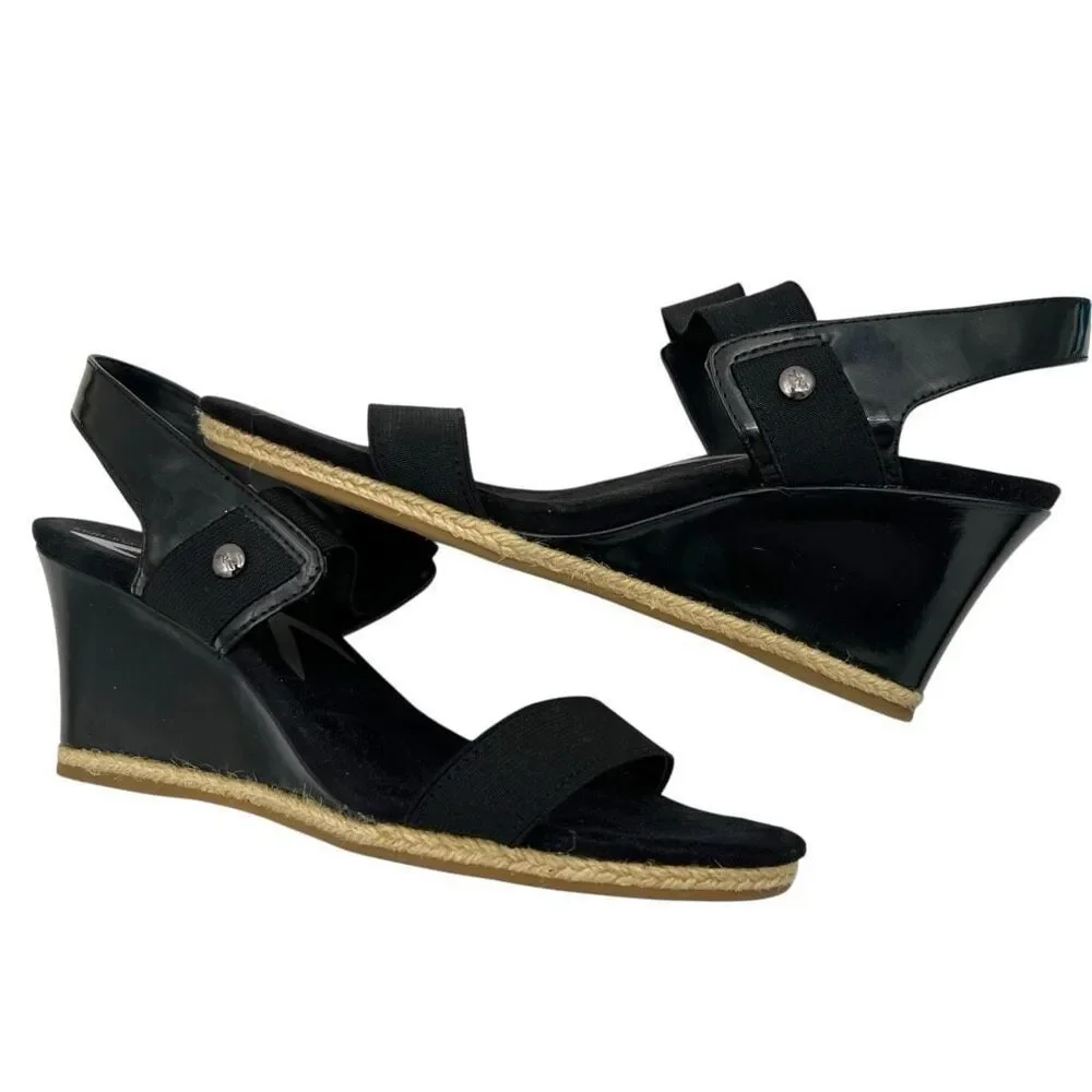AK Sport Women's Florence Elastic Strap Espadrille Wedge Heels Black Size 8M